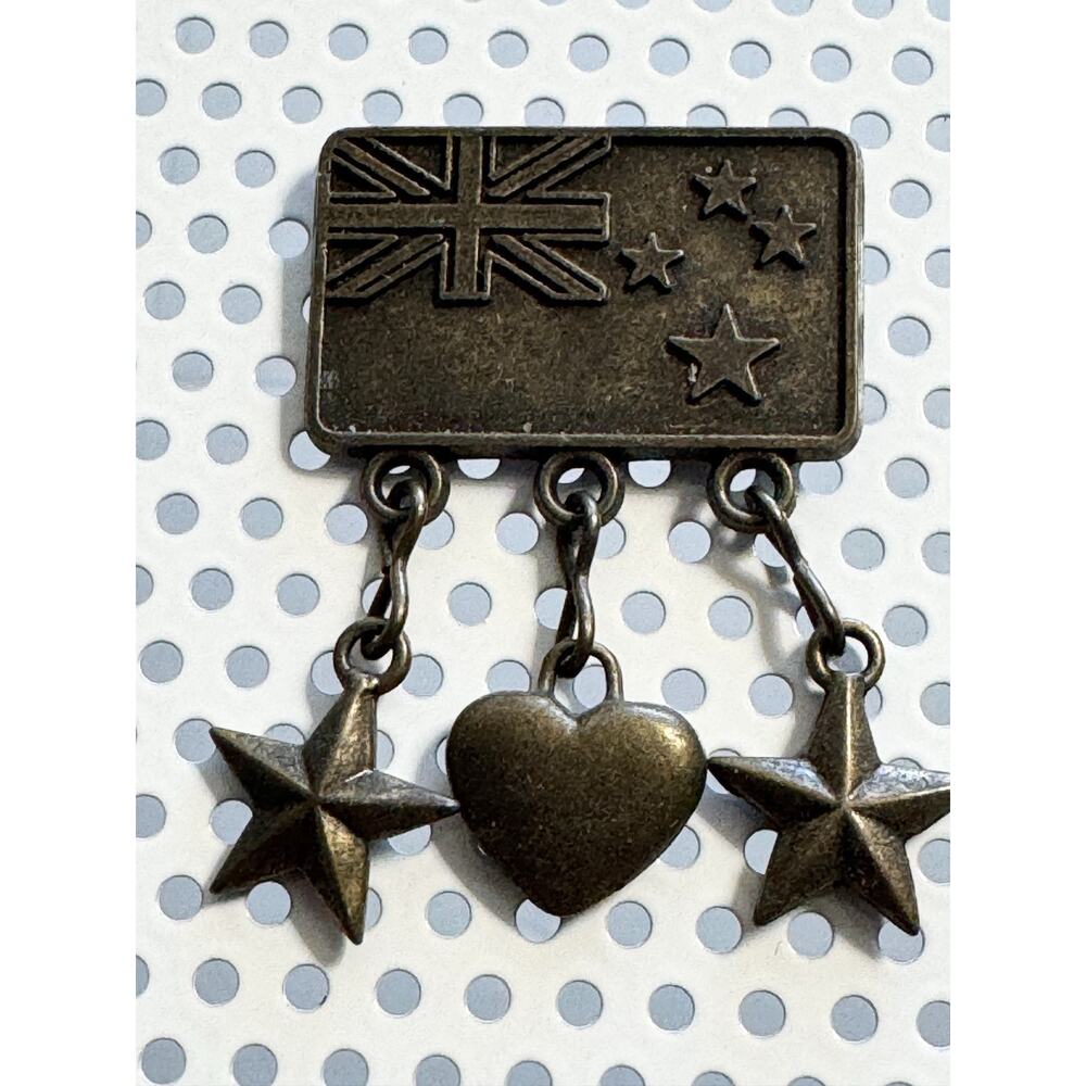 Vintage Australian Flag Lapel Pin Badge w/Dangling Heart & Stars Brass